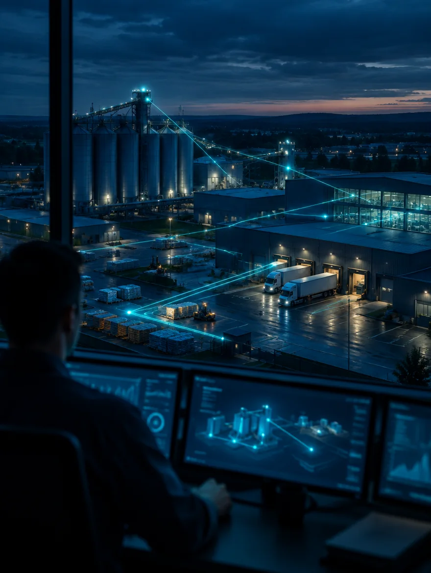 Sala de controle diante de uma planta industrial ao anoitecer, com linhas de luz ligando os pontos da operação