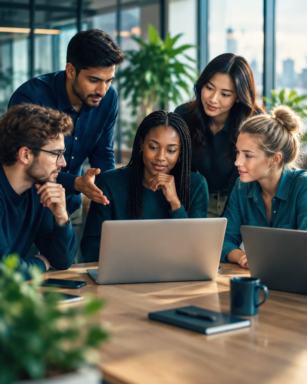 Time reunido em volta do notebook, discutindo uma solução