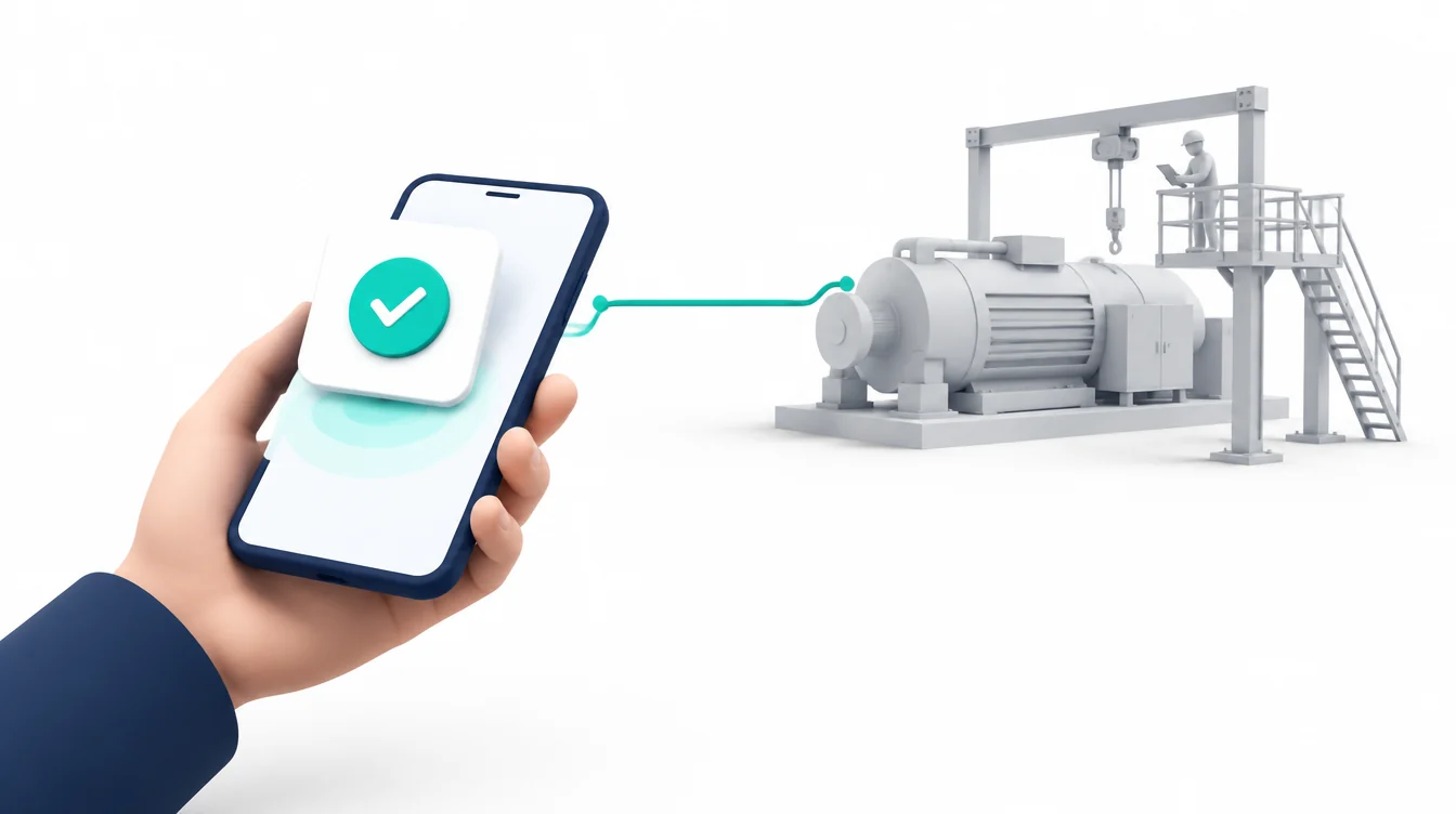 Aprovação confirmada no celular, ligada ao equipamento em manutenção