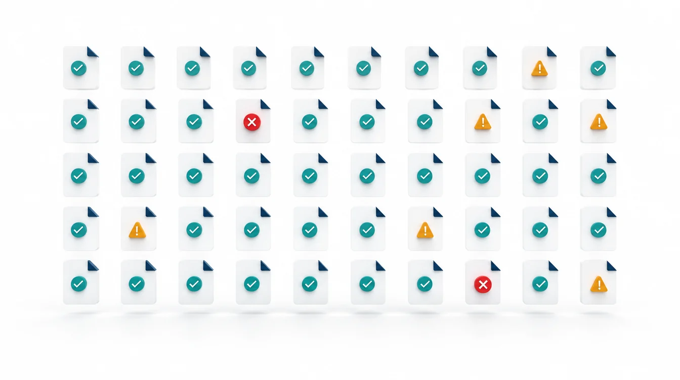 Painel com centenas de notas conferidas, alertas em âmbar e vermelho entre elas